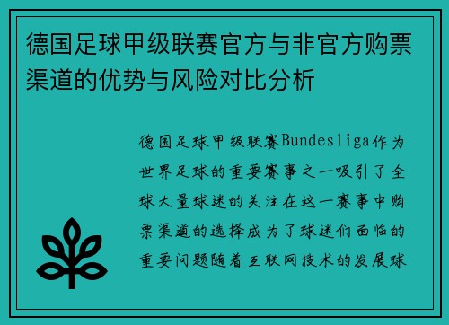 德国足球甲级联赛官方与非官方购票渠道的优势与风险对比分析