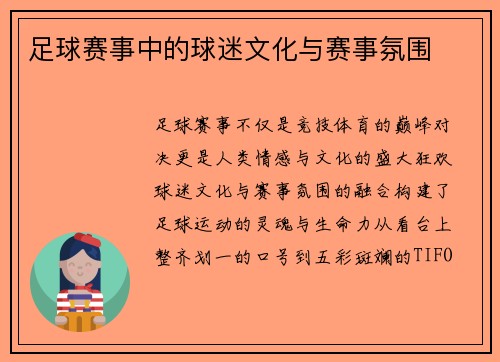足球赛事中的球迷文化与赛事氛围