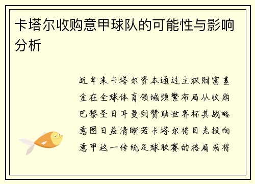 卡塔尔收购意甲球队的可能性与影响分析