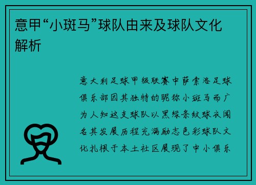 意甲“小斑马”球队由来及球队文化解析