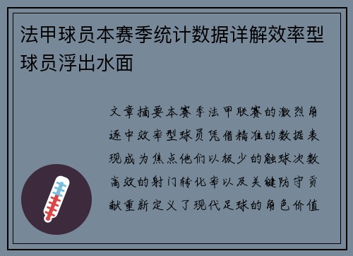 法甲球员本赛季统计数据详解效率型球员浮出水面